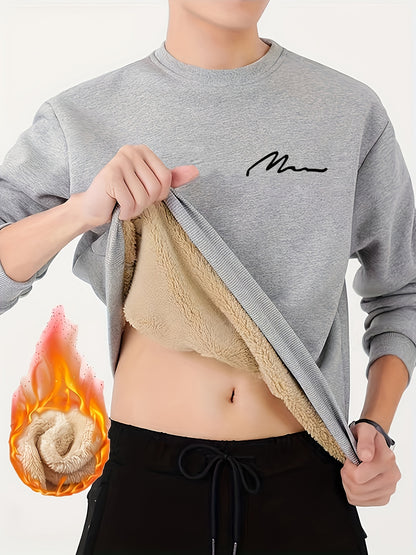 Men's Winter Fleece-Lined Warm Crewneck Long-Sleeve Sherpa Sweatshirt