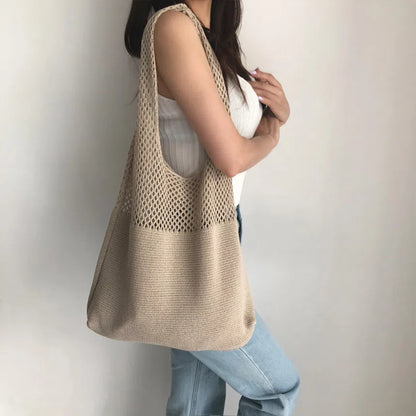 Simple Retro Hollow Crochet Bag, Large Capacity Shopping Bag, Women's Woven Shoulder Bag