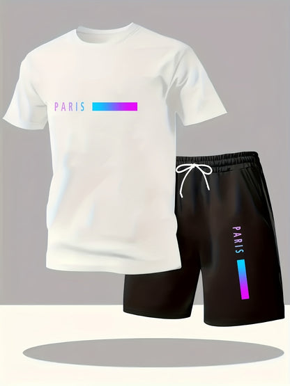 Men's fashion gradient letter print Men's two-piece set: round-neck short-sleeved T-shirt and drawstring shorts summer casual sportswear