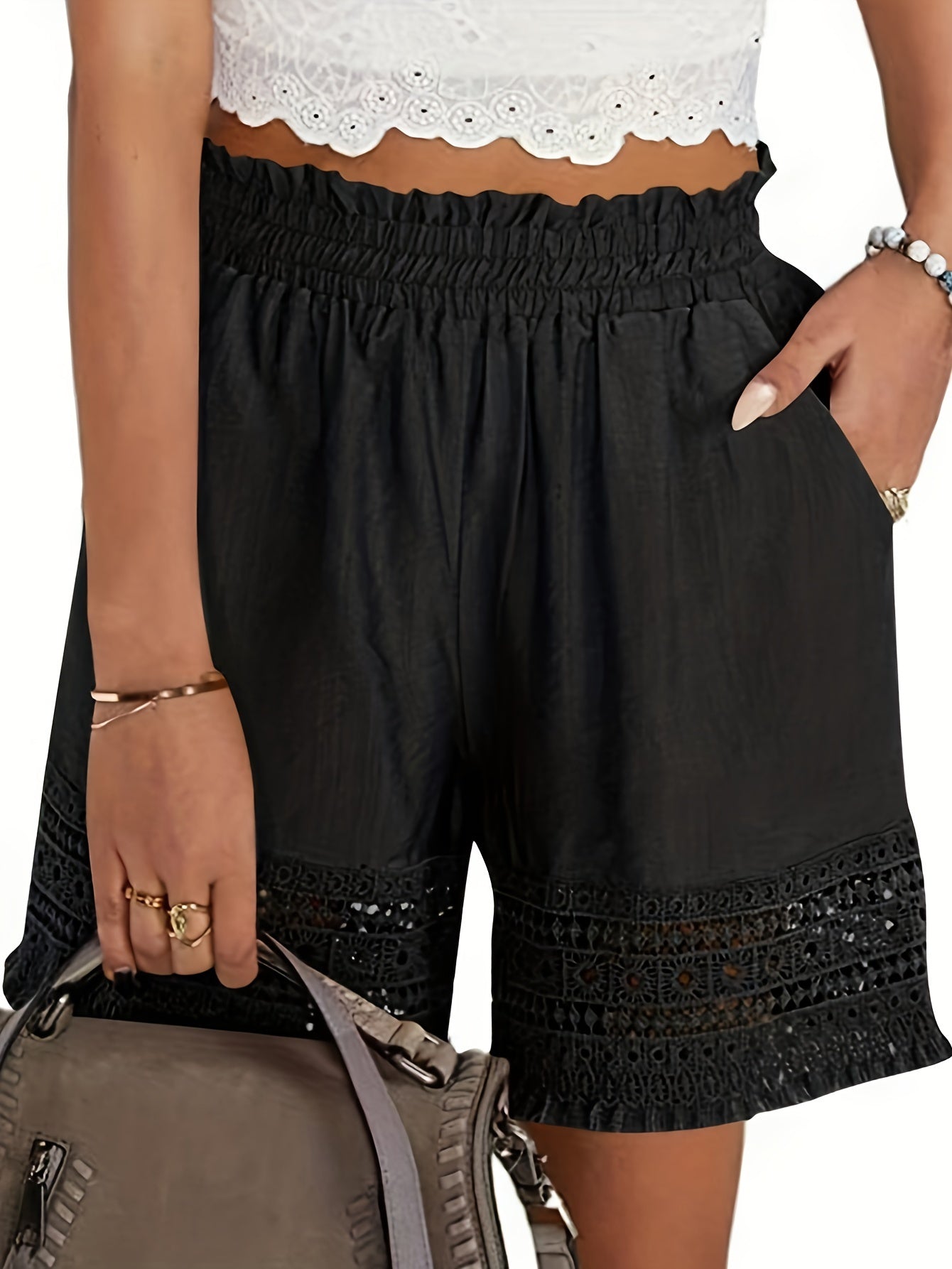 Summer Casual Shorts for Women, Lace Trim Slant Pocket Paper Bag Waist Shorts