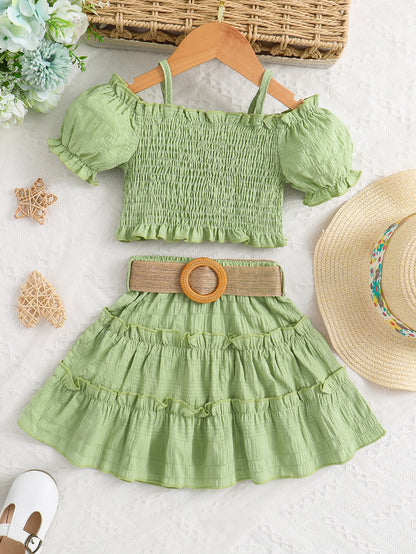 [Off-Shoulder Top Skirt Set] Summer Solid Color Off-Shoulder Lantern Sleeve Top and Knee-Length Skirt with Belt Set for Girls, Perfect for Outdoor Activities, Casual Attire, Playful Style