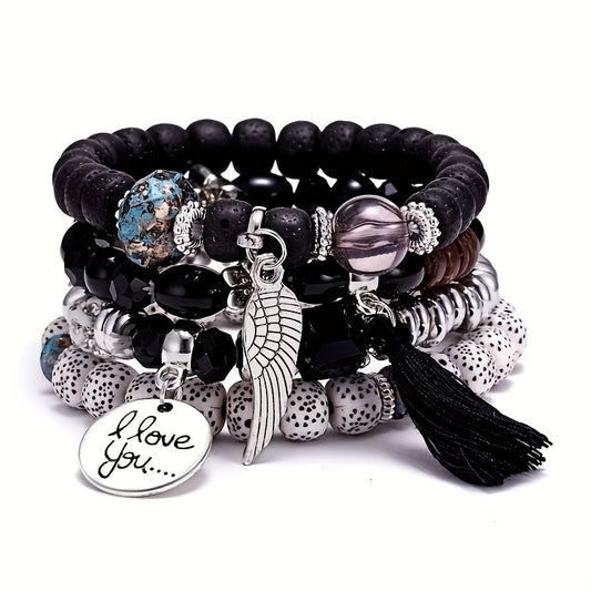 [4pcs Bohemian Bracelets] 4pcs Bohemian Winged Tassel Beaded Bracelets | Women's Fashion Jewelry, Versatile for Casual Attire and Perfect Holiday Gift