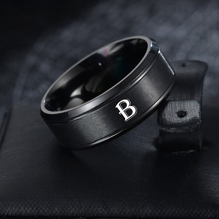 1pc European and American Fashion Versatile 26 English Letters Double Beveled Frosted Two-Line Men's Stainless Steel Ring (B81)