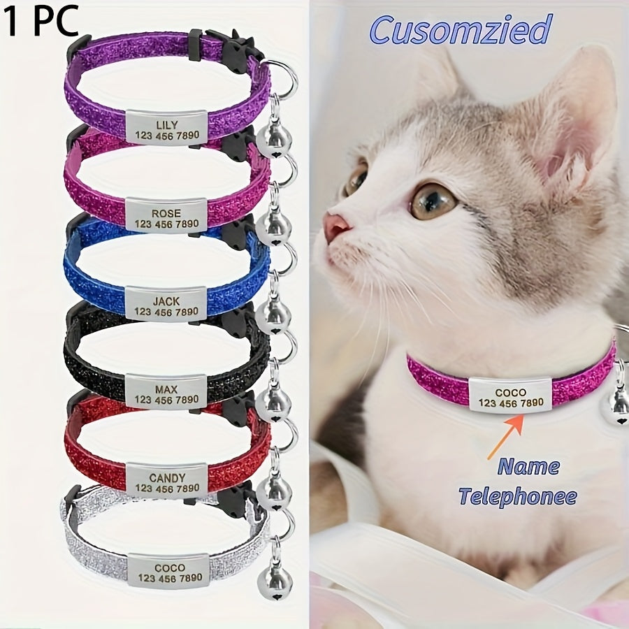 1pc Personalized Soft Safe Cat Collar with Bell, Custom Engraved Pet Name & Phone ID Tag, Adjustable Anti-Choking Safety, Durable Polyester for Kittens & Small Dogs, Includes Buckle Pet Supplies, Cat Collar Accessories, Dog Safety Gear, Customizable Pet G