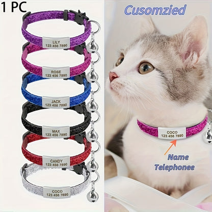 1pc Personalized Soft Safe Cat Collar with Bell, Custom Engraved Pet Name & Phone ID Tag, Adjustable Anti-Choking Safety, Durable Polyester for Kittens & Small Dogs, Includes Buckle Pet Supplies, Cat Collar Accessories, Dog Safety Gear, Customizable Pet G