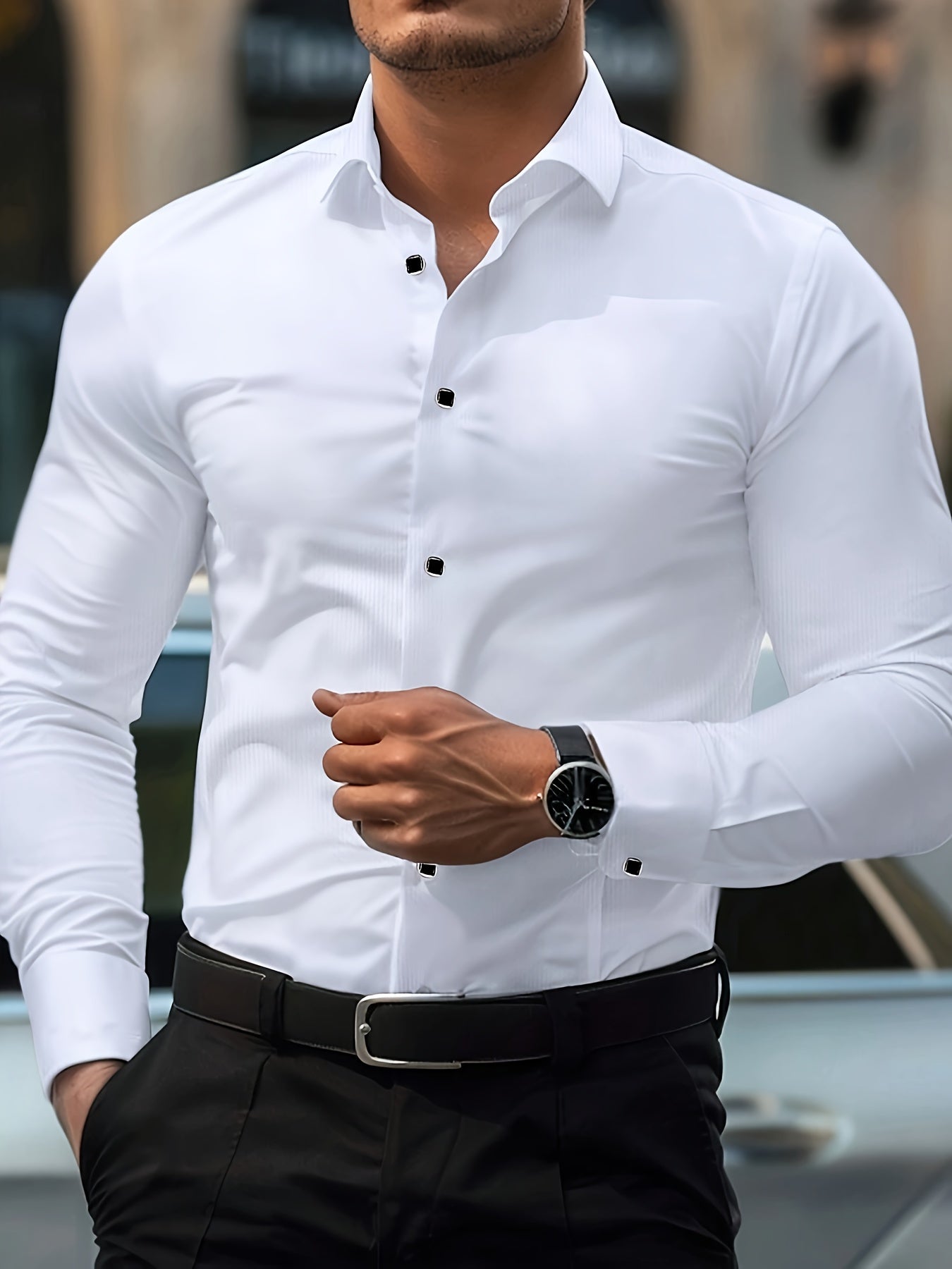 Men'S Tailored Elegant Black Long-Sleeve Shirt with a Lightweight Geometric Pattern And Smooth Texture, Suitable for Casual And Formal Occasions Throughout The Year, Featuring a Sleek Fit.