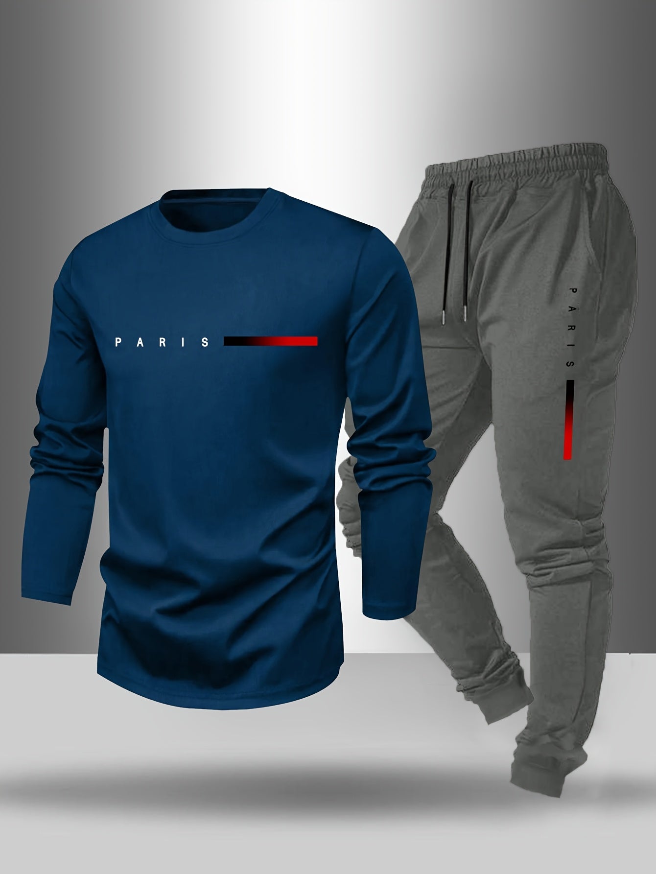 Men's Long Sleeve T-Shirt and Pants Set, Spring/Autumn 2-Piece Set with Paris Letter Print Crew Neck Long Sleeve T-Shirt + Drawstring Outdoor Casual Sports Pants Set 2-Piece