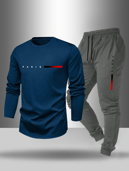 Men's Long Sleeve T-Shirt and Pants Set, Spring/Autumn 2-Piece Set with Paris Letter Print Crew Neck Long Sleeve T-Shirt + Drawstring Outdoor Casual Sports Pants Set 2-Piece