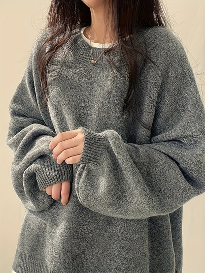[Solid Color Pullover] Solid Color Pullover Sweater | Round Neck, Long Sleeve, Drop Shoulder, Women's Casual Top