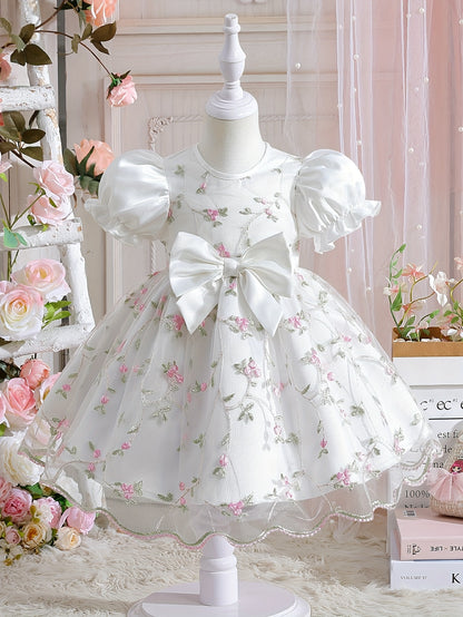 Girls' Summer Wedding Season Elegant Noble Fashion Bow Puff Sleeve Baby Girl First Birthday Gown Tulle Skirt Children's Puffy Princess Dress for Party