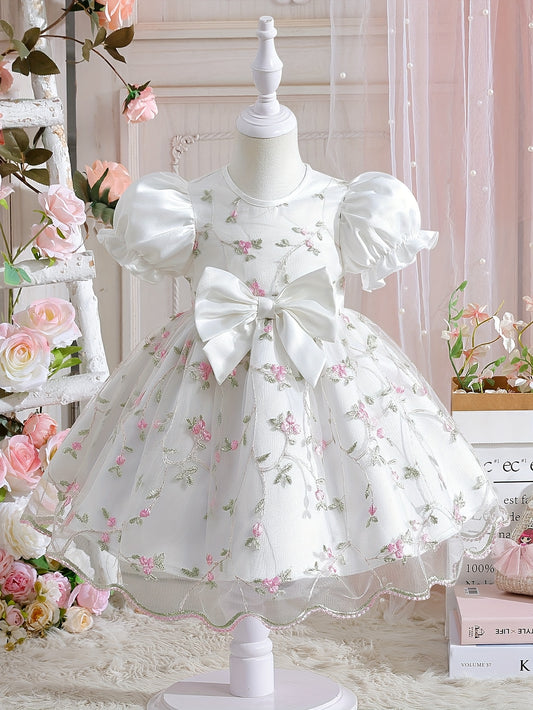 Girls' Summer Wedding Season Elegant Noble Fashion Bow Puff Sleeve Baby Girl First Birthday Gown Tulle Skirt Children's Puffy Princess Dress for Party