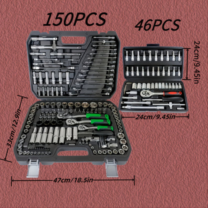 46/150-Pcs Tool Kit, Includes High-Quality, Durable, and Easy-to-Use 1/2”, 1/4”, 3/8” SAE and Metric Sizes, Sockets, Ratchet Torque Wrench, and Multi-Function Screwdriver Set - Suitable for Automotive, Home Repairs, Boat, Garage, and Bicycle Trunk