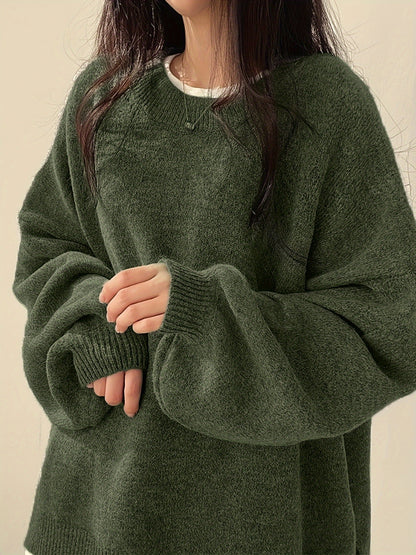 [Solid Color Pullover] Solid Color Pullover Sweater | Round Neck, Long Sleeve, Drop Shoulder, Women's Casual Top