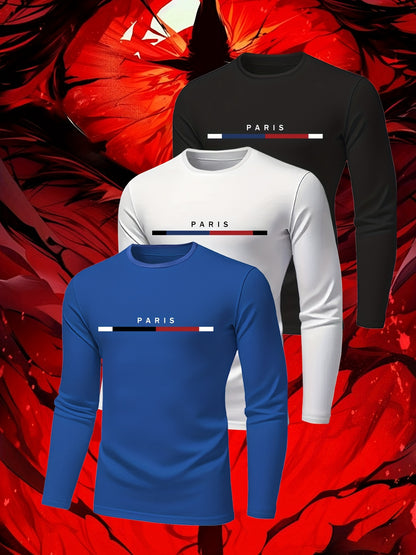 3-Pack Men'S Long-Sleeve T-Shirts, Breathable And Quick-Drying, Crew Neck, Medium Stretch, Printed, Regular Fit, Ideal for Gym Workouts, Morning Runs, Outdoor Activities, Comfortable Everyday Wear