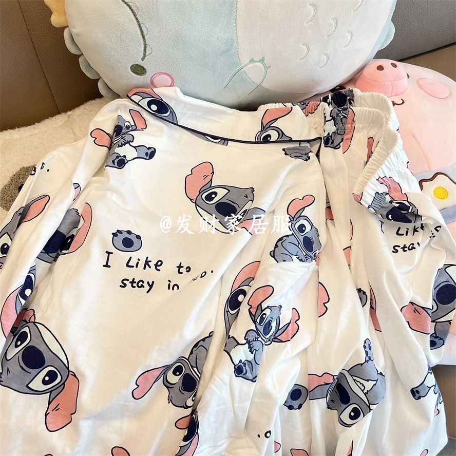 ins style cute Stitch pajamas spring and autumn new long-sleeved trousers loose cardigan homewear set