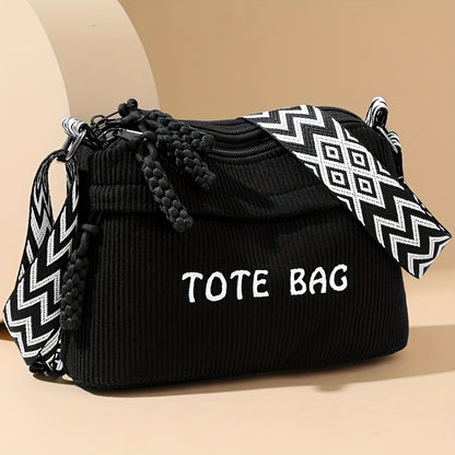 Fashion Corduroy Tote Bag with Letter Print, Multi-compartment Multiple Zippers Adjustable Strap, Ideal for Daily Use Shopping & Outings, Great Gift Option