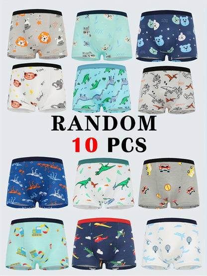 Random 10pcs of Boys' Boxer Briefs with Cartoon Animal Print, Elastic And Comfortable Boys' Underwear