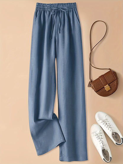 Vintage Loose-Fit Thin-Linen Wide-Leg Pants for Women, High-Waisted with Elastic Waistband and Drawstring, Artistic Casual Straight-Leg Trousers