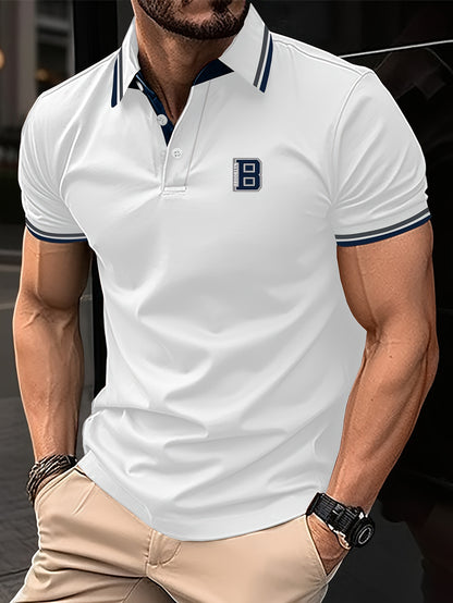 Men'S Summer Short-Sleeve Polo Shirt with a Stylish Color-Blocked Striped Collar for Casual Wear.