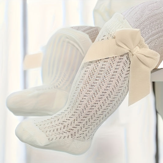 [Elegant Bow Stockings] 1 Pair Girls' Elegant Floral-like Bow Accent Stockings | Breathable Openwork, All-Season Formal & Everyday Legwear - Easy On/Off for Toddlers & Kids (Hand Wash Only) - Birthday Party Outfit Essentials