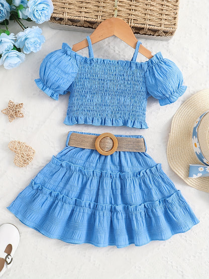 [Off-Shoulder Top Skirt Set] Summer Solid Color Off-Shoulder Lantern Sleeve Top and Knee-Length Skirt with Belt Set for Girls, Perfect for Outdoor Activities, Casual Attire, Playful Style