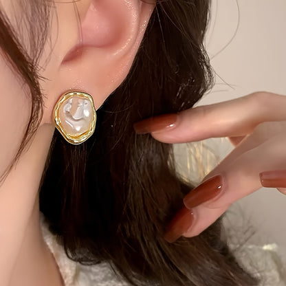Vintage Elegant Golden-Tone Zinc Alloy Chic Irregular Oval Imitation Pearl Stud Earrings for Women - Stainless Steel Posts, Perfect for Daily Wear, Sophisticated Jewelry|Luxury Feel Earrings|Faux Pearl Earrings, Vintage Earrings