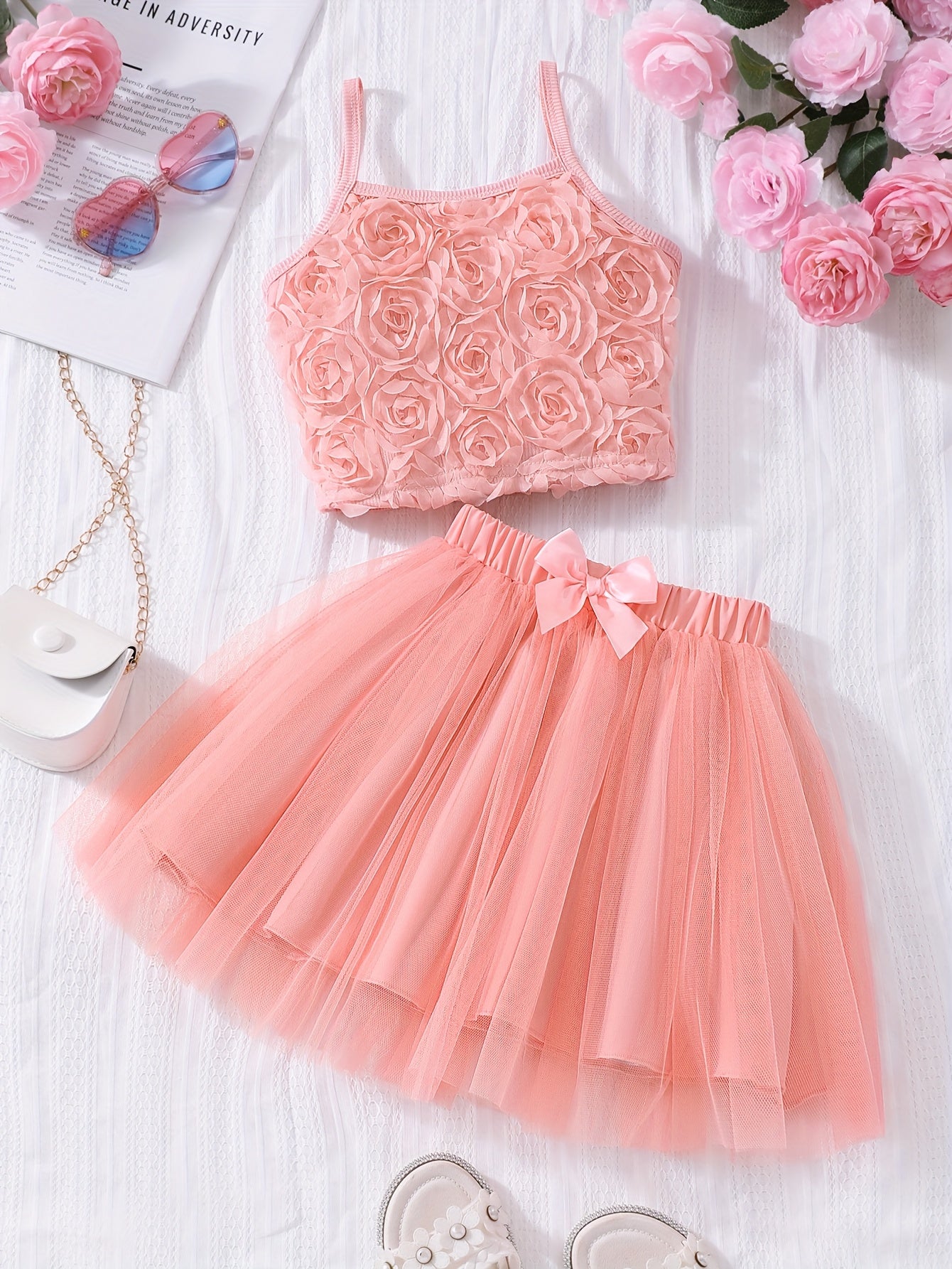 ' Stylish Floral Top with Straps And a Tulle Skirt Two-Piece Set for Spring And Summer