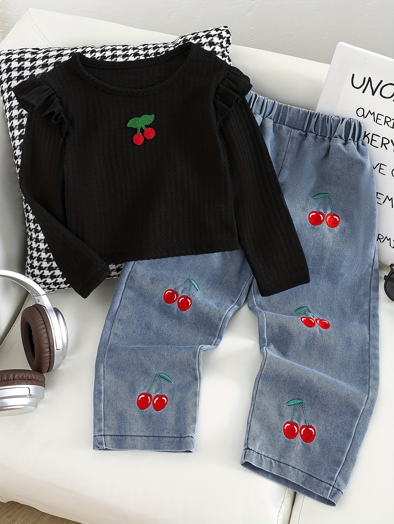 New Spring And Autumn Girls' Cute Ruffled Cherry Long-Sleeved Shirt/Cherry Embroidered Denim Long Pants Set 2pcs Set, for Outdoor