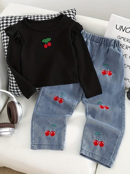 New Spring And Autumn Girls' Cute Ruffled Cherry Long-Sleeved Shirt/Cherry Embroidered Denim Long Pants Set 2pcs Set, for Outdoor