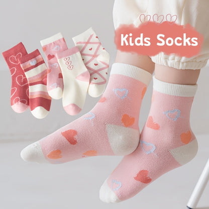 5 Pairs of Heart-Patterned Socks for Girls
