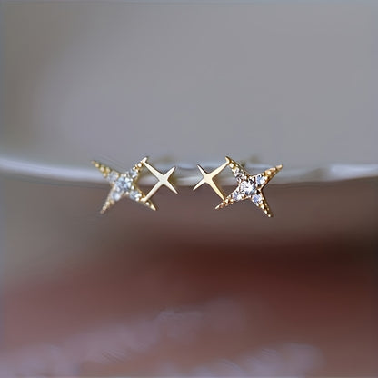Trendy Inlay Zirconia Double Star Stud Earrings for Women Proposal Engagement Party Jewelry Gift