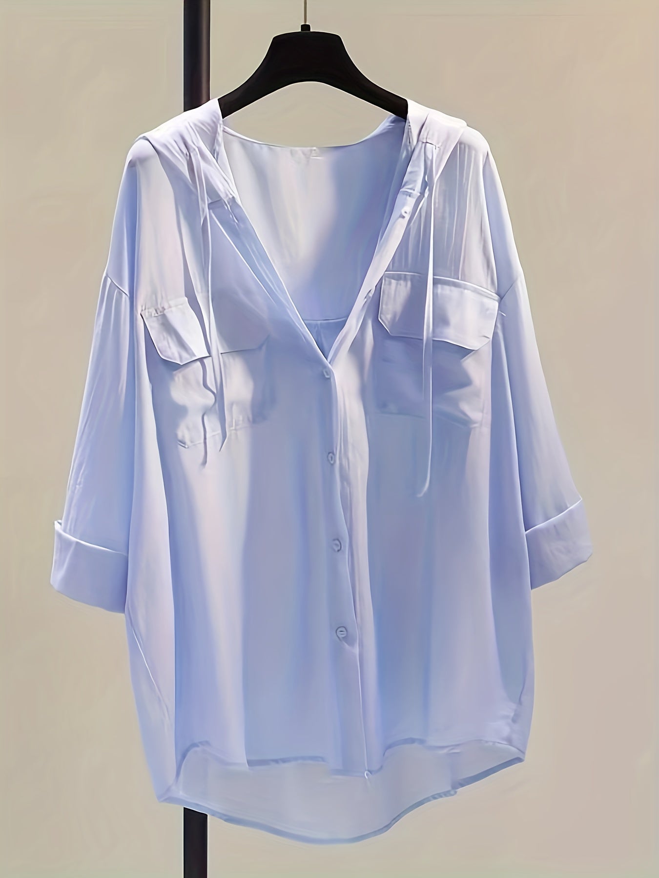 Solid Pocket Button Hooded Blouse, Casual Drawstring Blouse For Spring & Summer, Women's Clothing