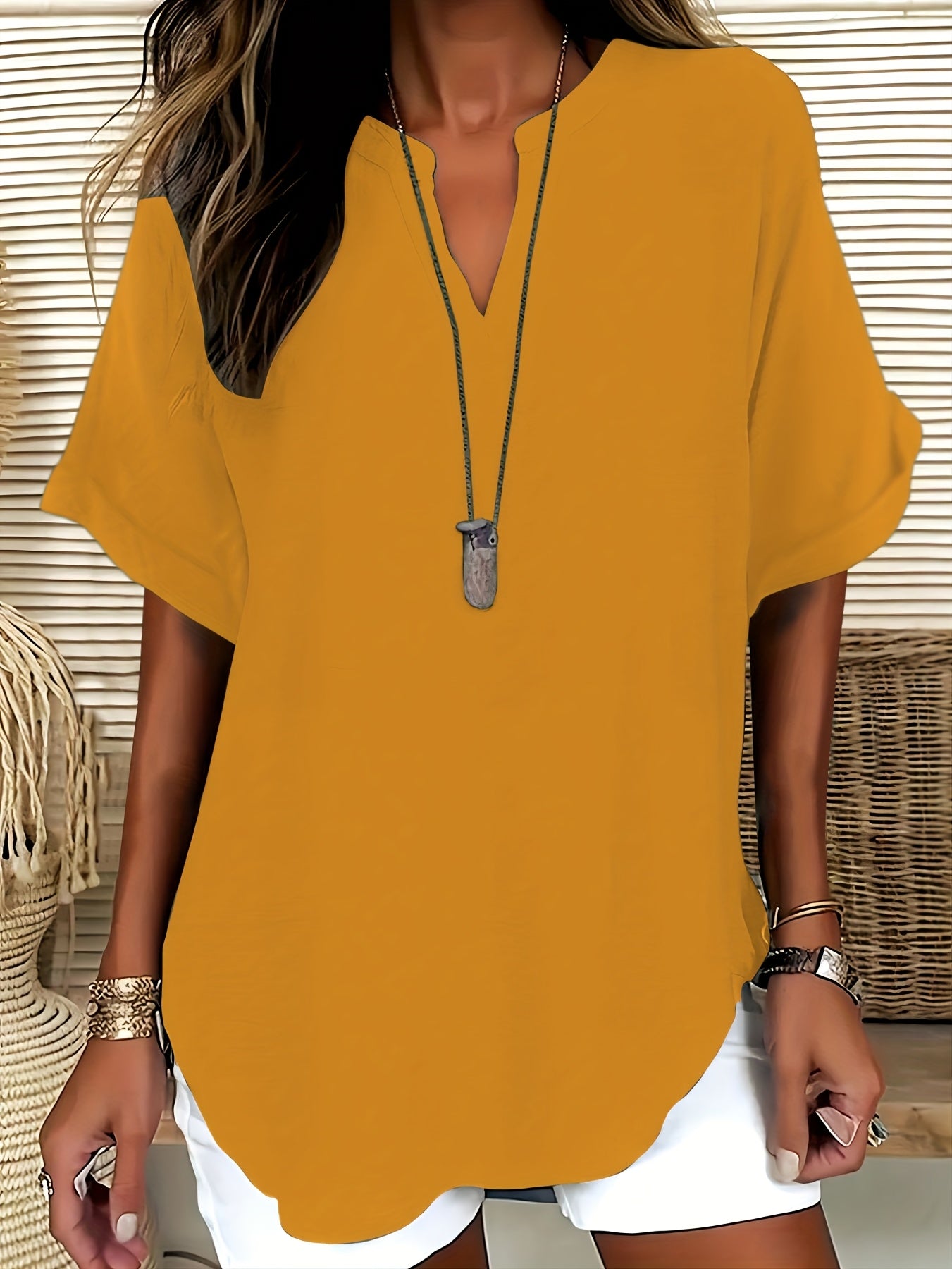 Women's V-Neck Drop Shoulder Sleeveless Solid Color Loose Short Sleeve Shirt Top