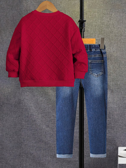 Boys' Long Sleeve Orange Crew Neck Sweatshirt with English Print Pullover and Casual Jeans Set, New Autumn Outfit Two-Piece, Perfect for Outdoor