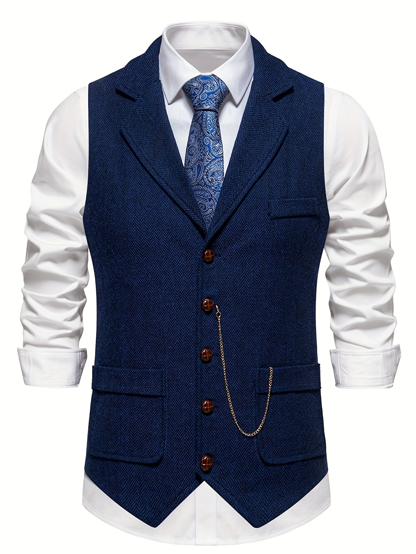 Men's Herringbone Tweed Single-Breasted Lapel Vest with Chain Detail - Stylish Brown Suit Vest for Business or Formal Occasions, Machine Washable, Stylish Layering Piece | Notched Lapel Design | Polyester Vest
