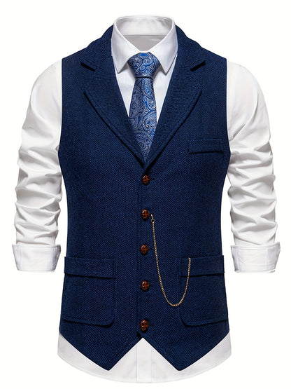 Men's Herringbone Tweed Single-Breasted Lapel Vest with Chain Detail - Stylish Brown Suit Vest for Business or Formal Occasions, Machine Washable, Stylish Layering Piece | Notched Lapel Design | Polyester Vest