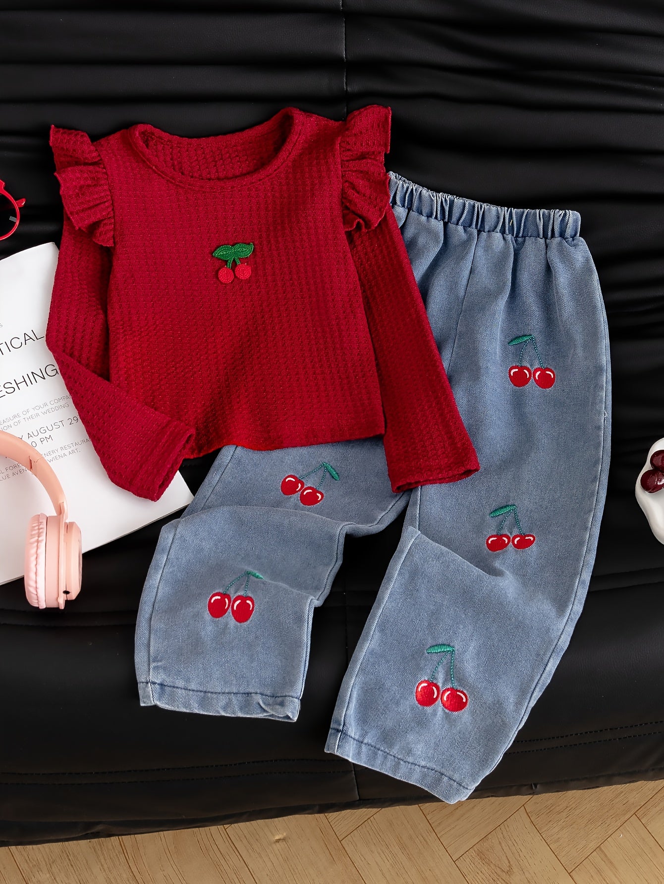 New Spring And Autumn Girls' Cute Ruffled Cherry Long-Sleeved Shirt/Cherry Embroidered Denim Long Pants Set 2pcs Set, for Outdoor