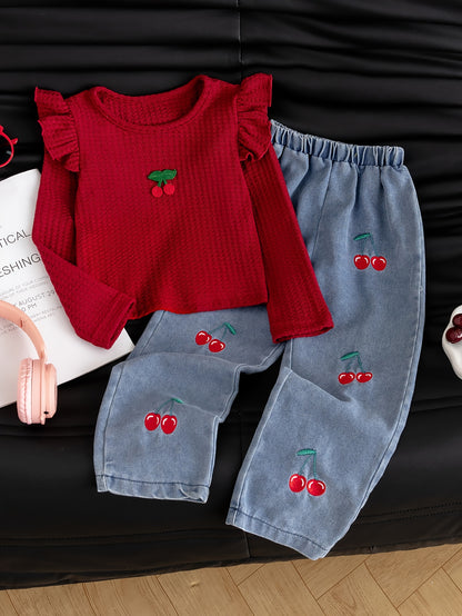 New Spring And Autumn Girls' Cute Ruffled Cherry Long-Sleeved Shirt/Cherry Embroidered Denim Long Pants Set 2pcs Set, for Outdoor
