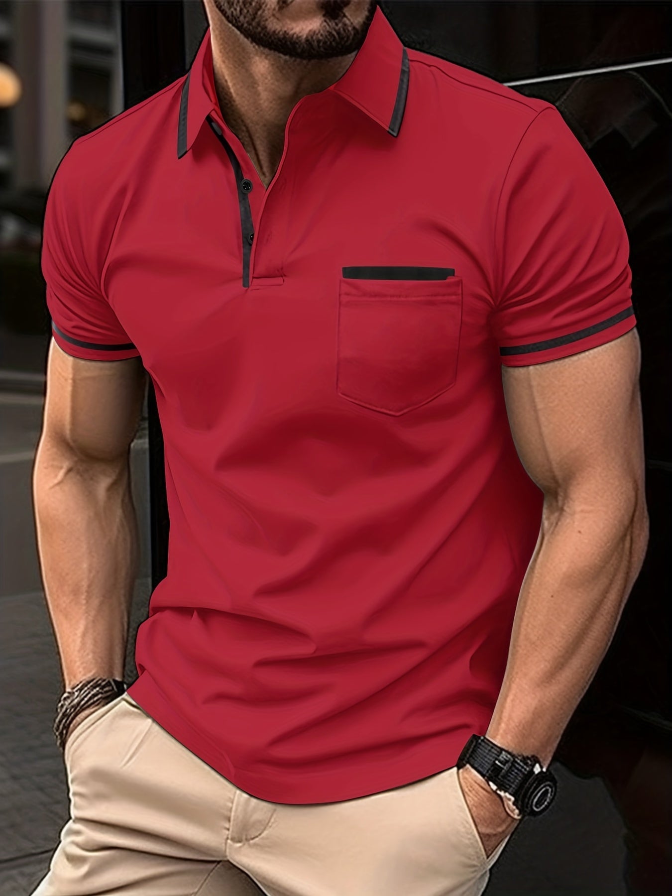 2023 New Solid Color Contrast Polo Short-Sleeve Top