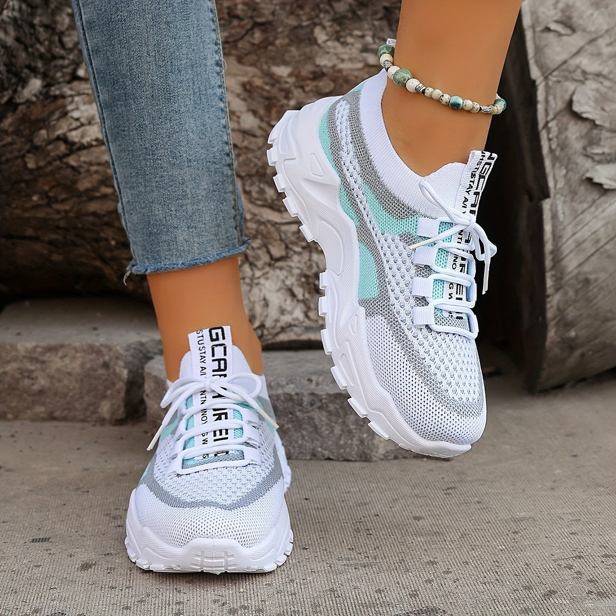 Women'S Color-Blocked Casual Sneakers, Breathable Lace-Up Running Shoes with Flying Woven Design, Stylish Mesh Platform Casual Footwear., Women Shoes