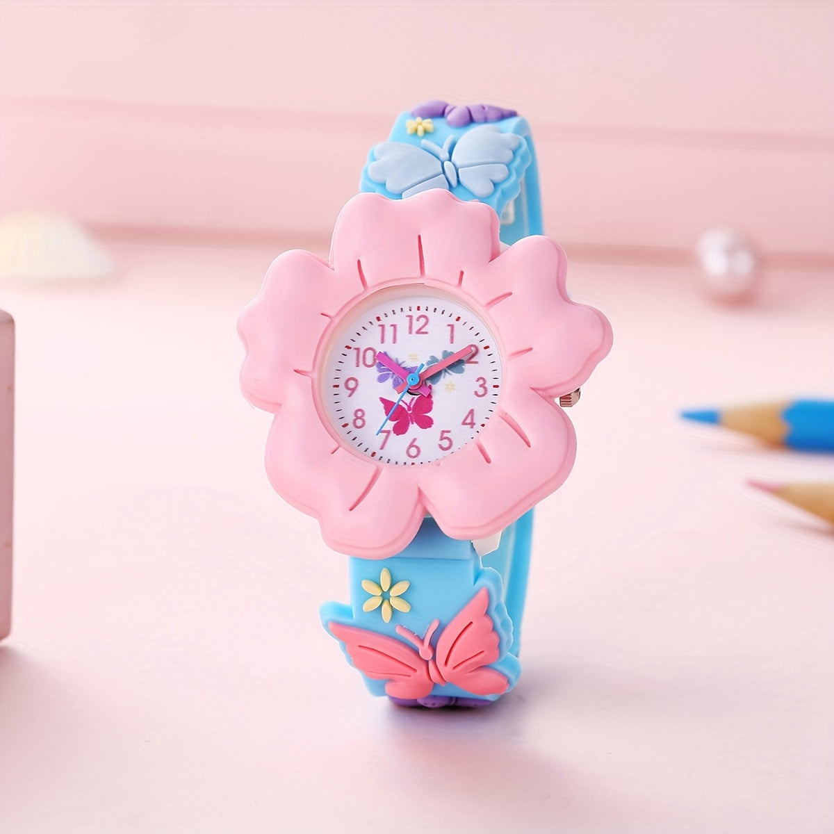 [3D Flower Butterfly Watch] Cute 3D Flower & Butterfly Watch with Soft PVC Case - Youngsters's Learning Clock, Analog Quartz Movement Wristwatch for &, - (Low Voltage)