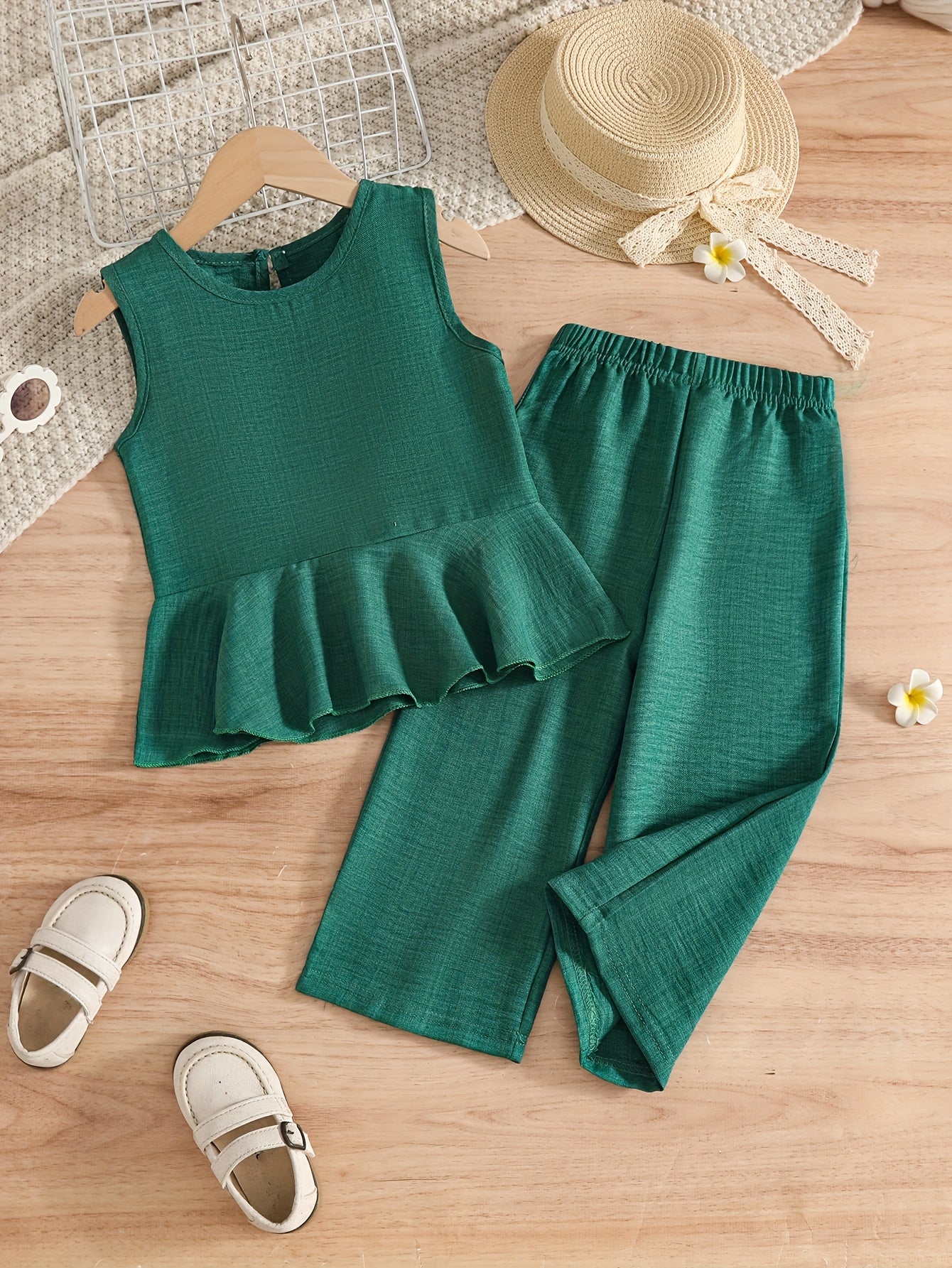 [Girls Summer Fashion Set] New Summer Fashion Set for Girls, Featuring a Blue Ruffled Sleeveless And Short-Sleeve Top Paired with Loose-Fitting Long Pants. Perfect for Everyday Outings And Vacations. This Stylish Outfit Is Ideal for Back-To-School Season