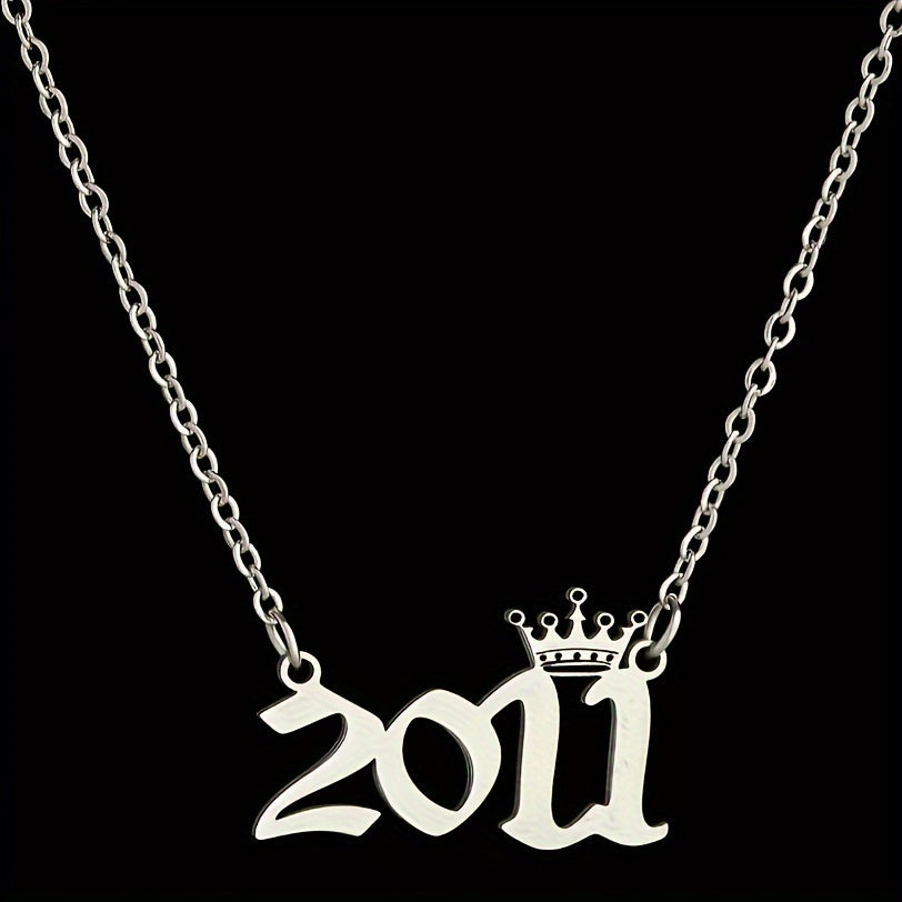 1 Elegant and Stylish Stainless Steel Polished Year Number Necklace, Unique Date Birthday Crown Pendant Necklace Gift for 1980-2024, Versatile Casual Attire Collarbone Chain Holiday Present