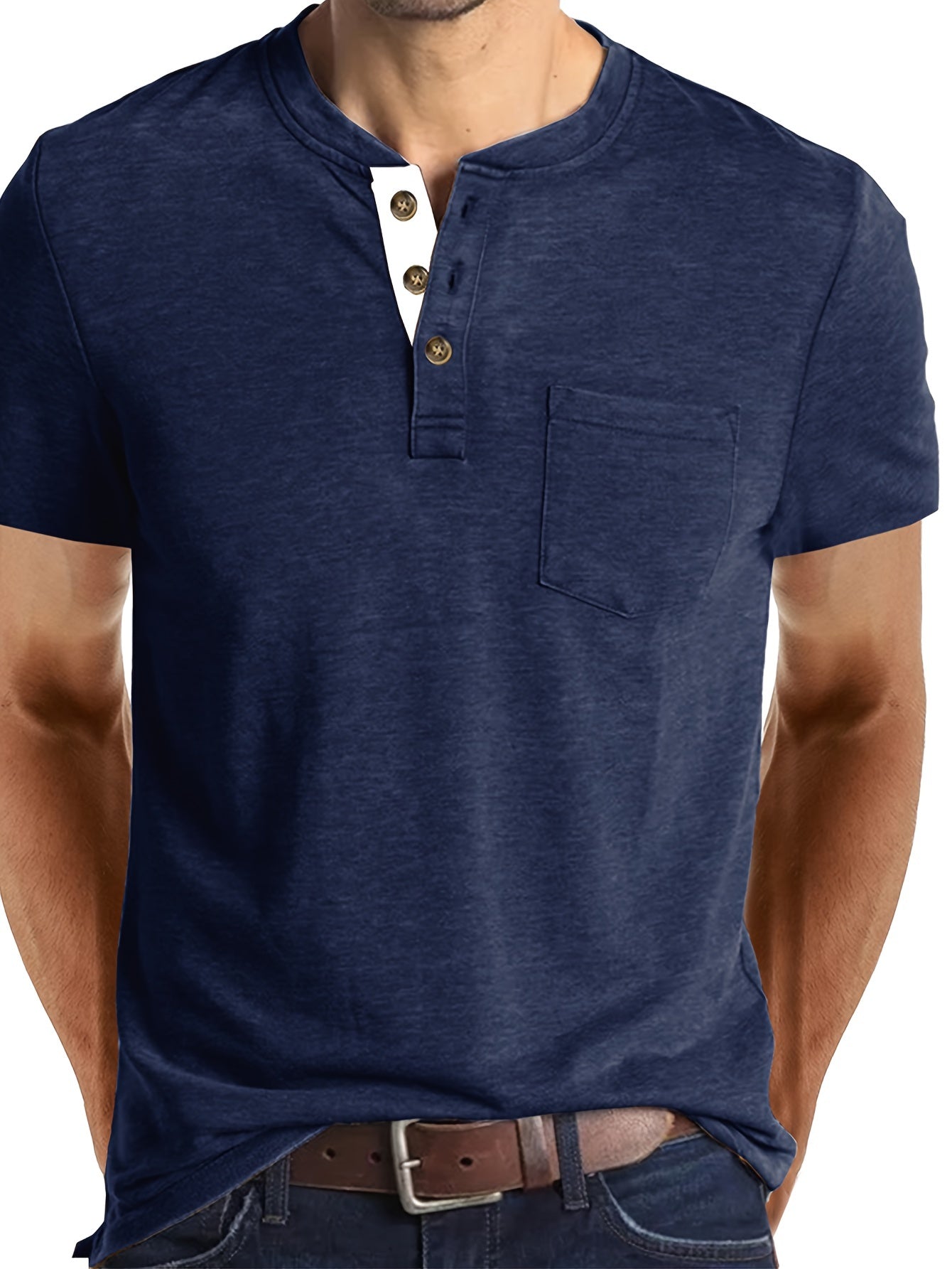 Men's Summer Casual Short Sleeve T-Shirt - Breathable Blend Round Neck Henley-Style Button Front, Semi-Sheer Fabric, Machine Washable Regular Fit for Outdoor & Casual Attire, Relaxed Style, Buttonfront Design, Easy Care, Buttonup Shirt, Warm Weather
