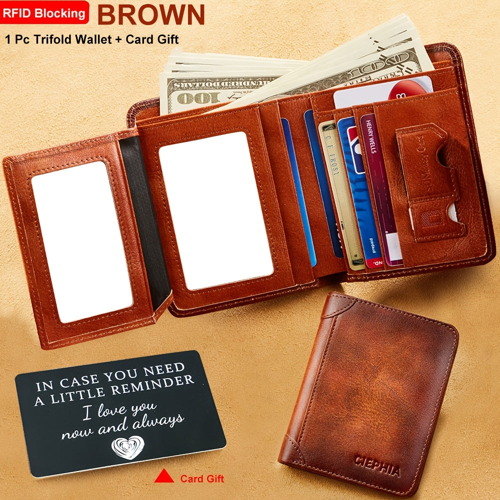 Genuine Leather Men's Wallet with Blessing Card Set, RFID Blocking, Ultra-Thin, Top-Grain Cowhide, Compact Multi-Function ID and Credit Card Holder, Christmas Valentine's Day Father's Day Gift
