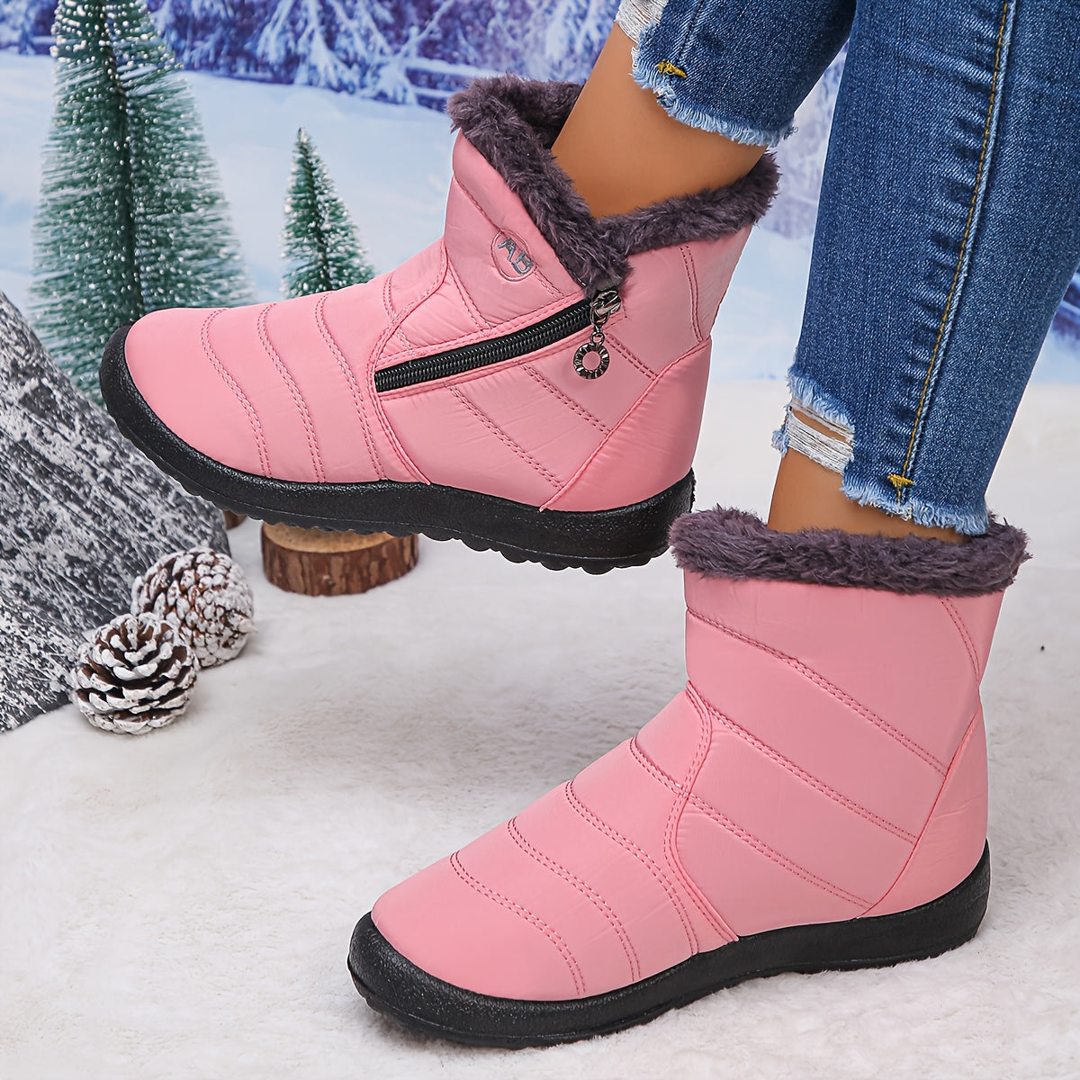 Women's Ankle Booties with Fuzzy Collar Stylish Winter Footwear Comfortable Slip - On Design Trendy Short Boots Perfect for Cold Weather Errands Shopping Weekend Walks and Casual Gatherings for Ladies, Women Shoes