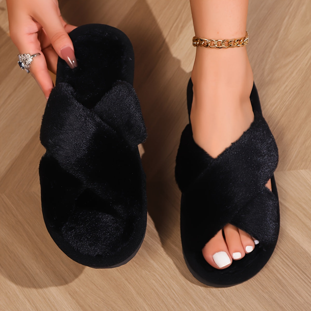 Women's Cross-Strap Open-Toe Home Slippers, Furry Slippers for Women, Autumn/Winter Outdoor Wear, Non-Slip Indoor Thick-Soled House Slippers, Fluffy Postpartum Slippers, Open-Toe Winter Slippers, Women Shoes