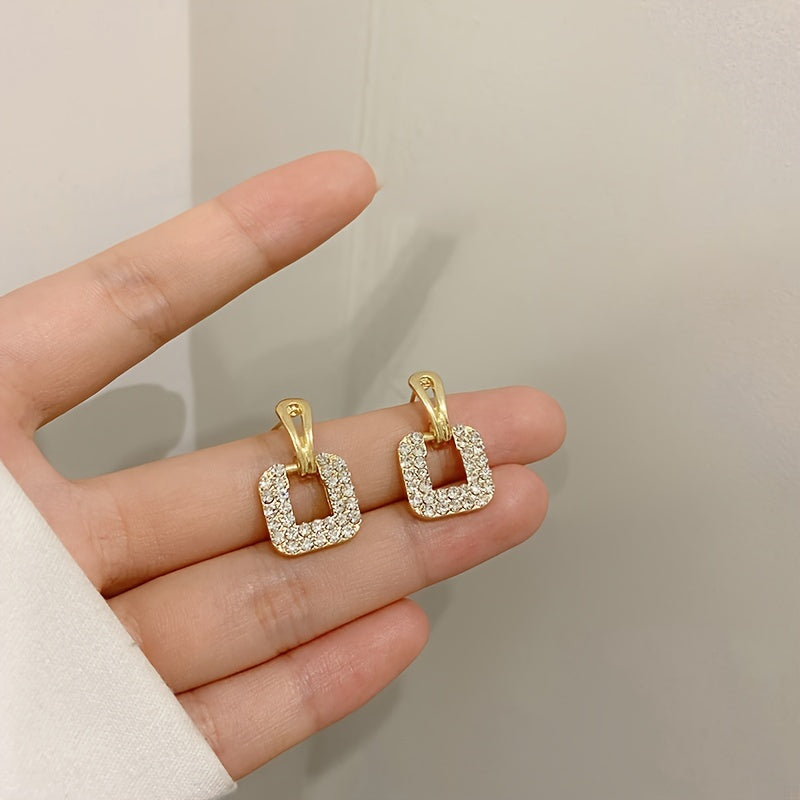 Trendy New Personalized Versatile Square Geometric Earrings with Full Rhinestones