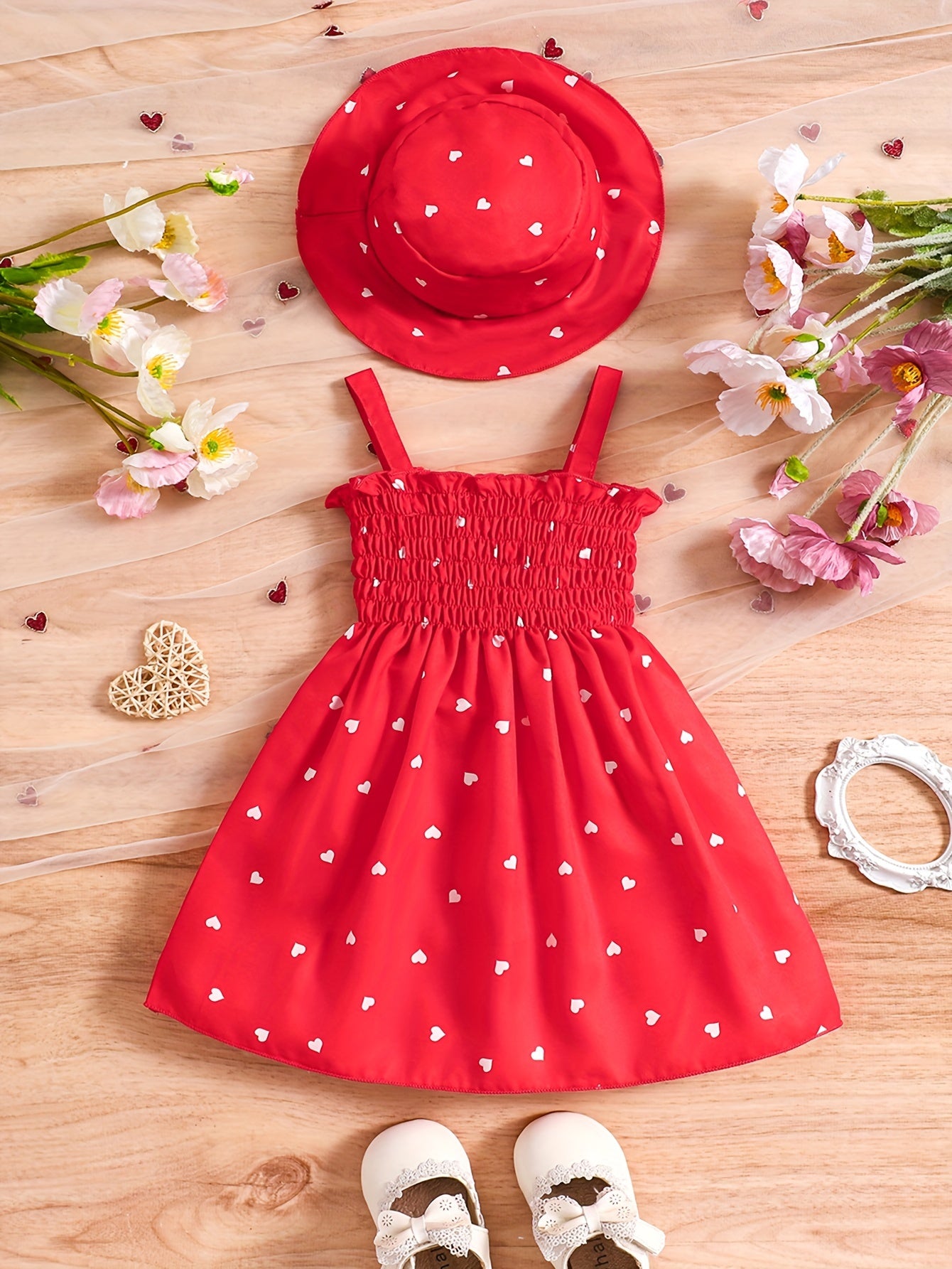 Girls' 0-3 Years Summer 2pcs Set: Sleeveless Heart Print Wrap Camisole Dress + Hat Princess Dress, Two Colors Available