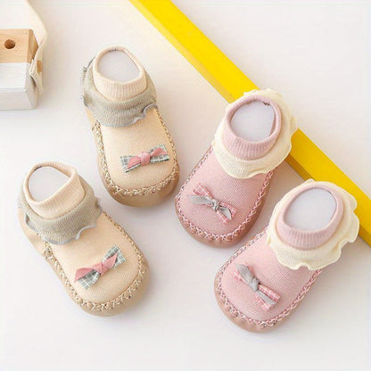Spring/Autumn Cartoon Children's -Soled Socks, Baby's First Walking Floor Socks with Bow, Non-Slip Soft-Soled Shoe Socks for Kids